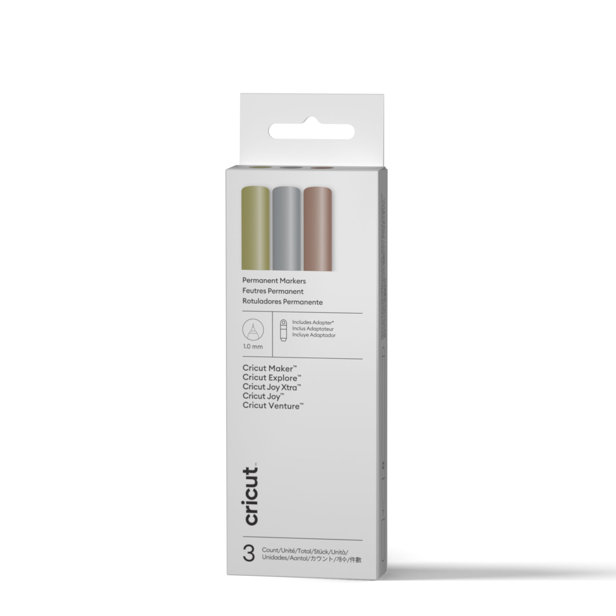 Marcadores Metálicos Permanentes Cricut® 1,0 mm, Dourado/Prateado/Cobre (3 unidades) + Adaptador