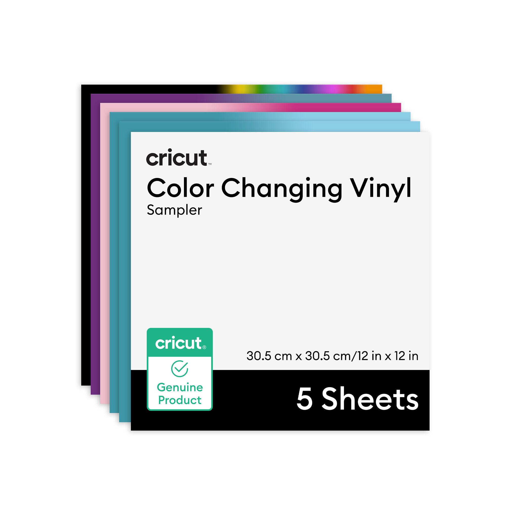 Vinil Permanente com Mudança de Cor Ativada por Temperatura Cricut® – Amostra Arco-Íris, 12 cm x 12 cm (5 unidades)