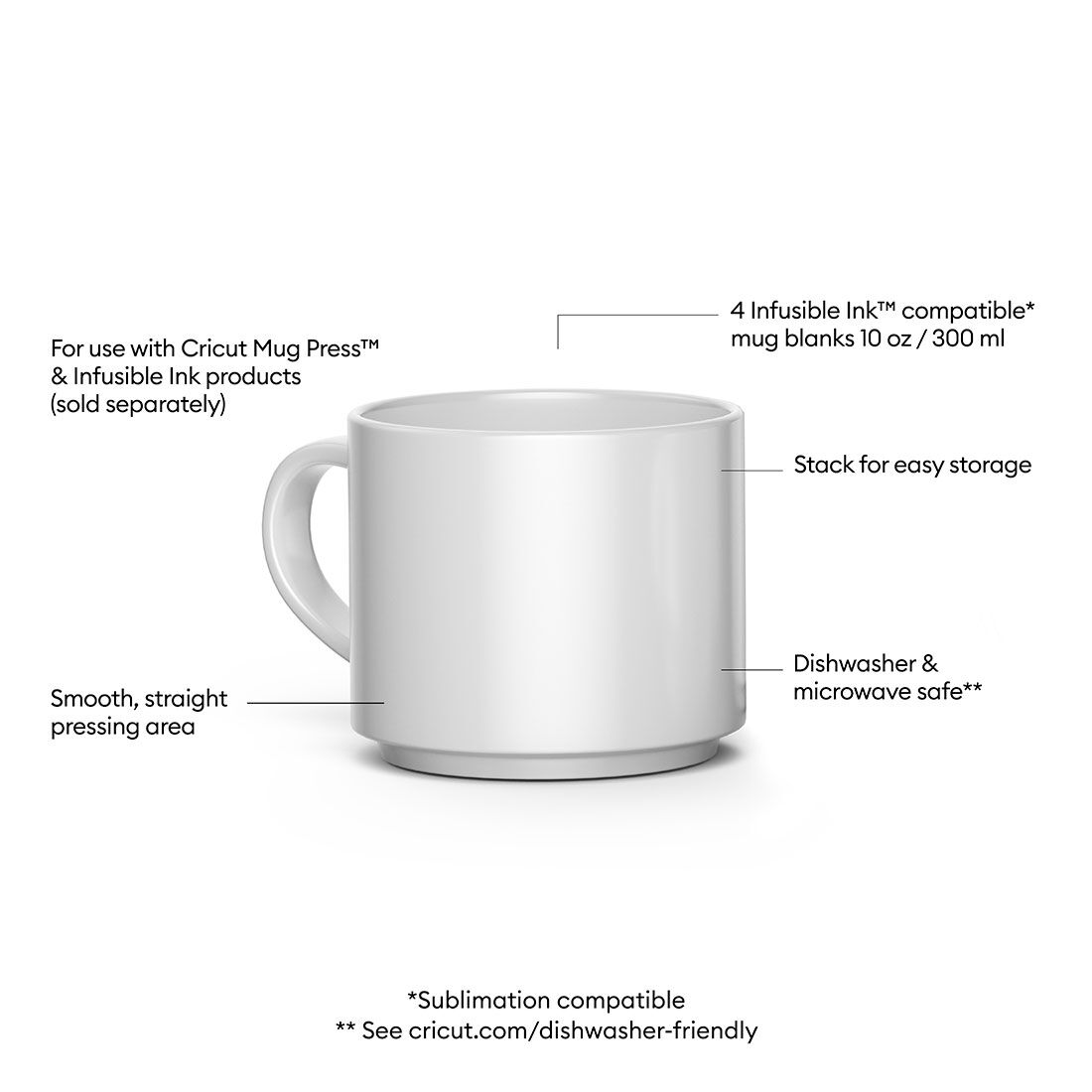Caneca de Cerâmica Empilhável em Branco, 10 oz/300 ml (4 unidades)