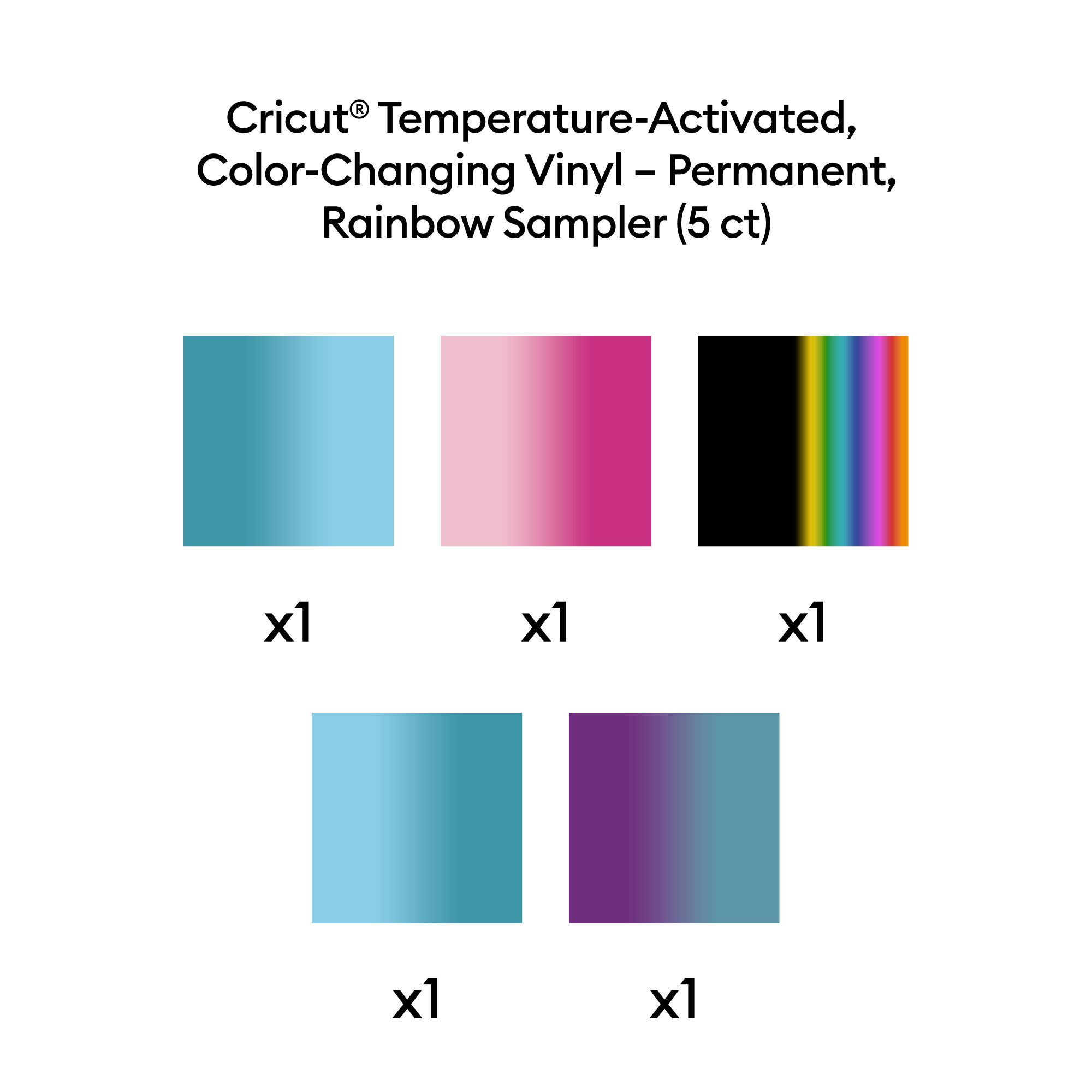 Vinil Permanente com Mudança de Cor Ativada por Temperatura Cricut® – Amostra Arco-Íris, 12 cm x 12 cm (5 unidades)